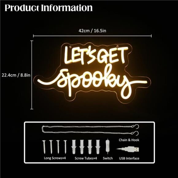 Let's Get Spooky Neon Sign Halloween Yellow Letter LED Neon Light Decoration NEW - Picture 3 of 7